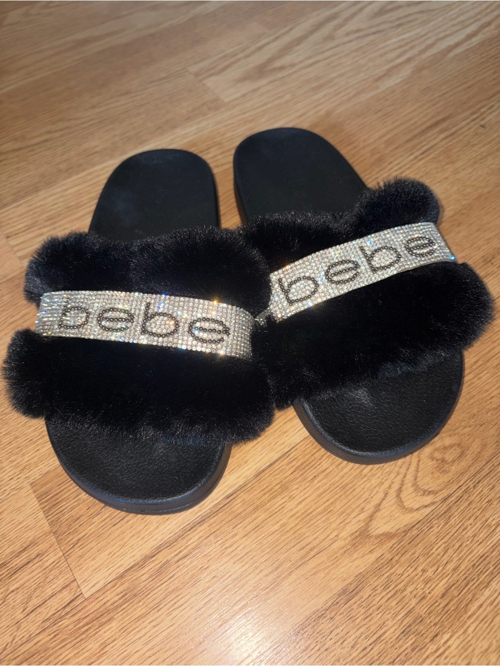 bebe Black Faux Fur Slide Sandals with Crystal 'bebe' Strap